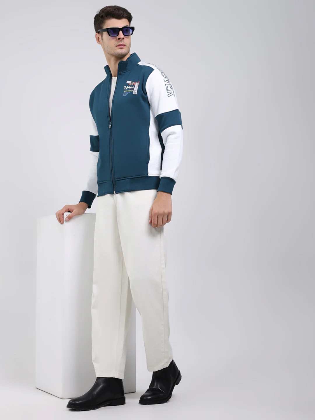 Men Teal Blue Solid Mock Neck Full Sleeve Sweatshirt - Image 2