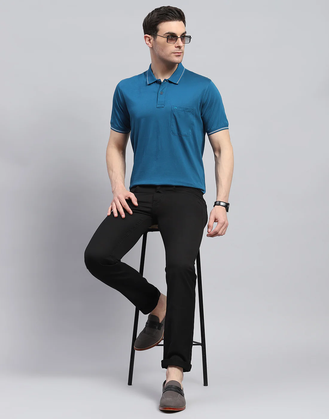 Men Teal Blue Solid Polo Collar Half Sleeve T-Shirt - Image 2