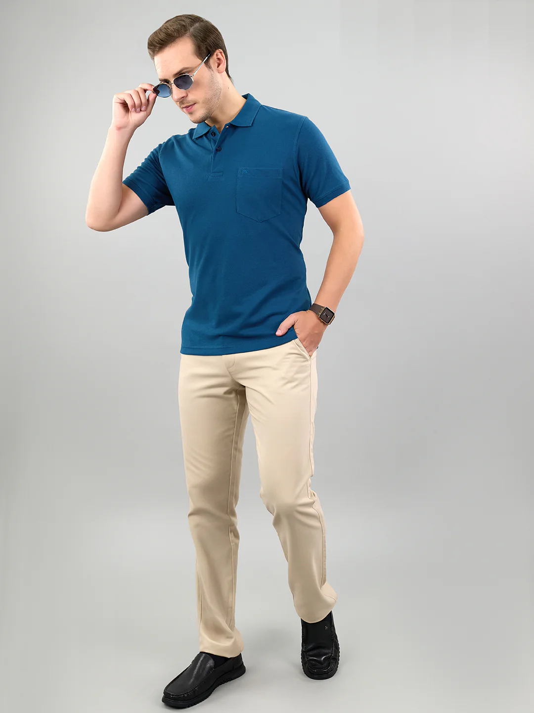 Men Teal Blue Solid Polo Collar Half Sleeve T-Shirt - Image 6
