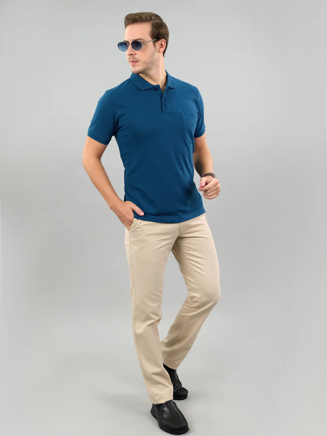 Men Teal Blue Solid Polo Collar Half Sleeve T-Shirt - Image 7