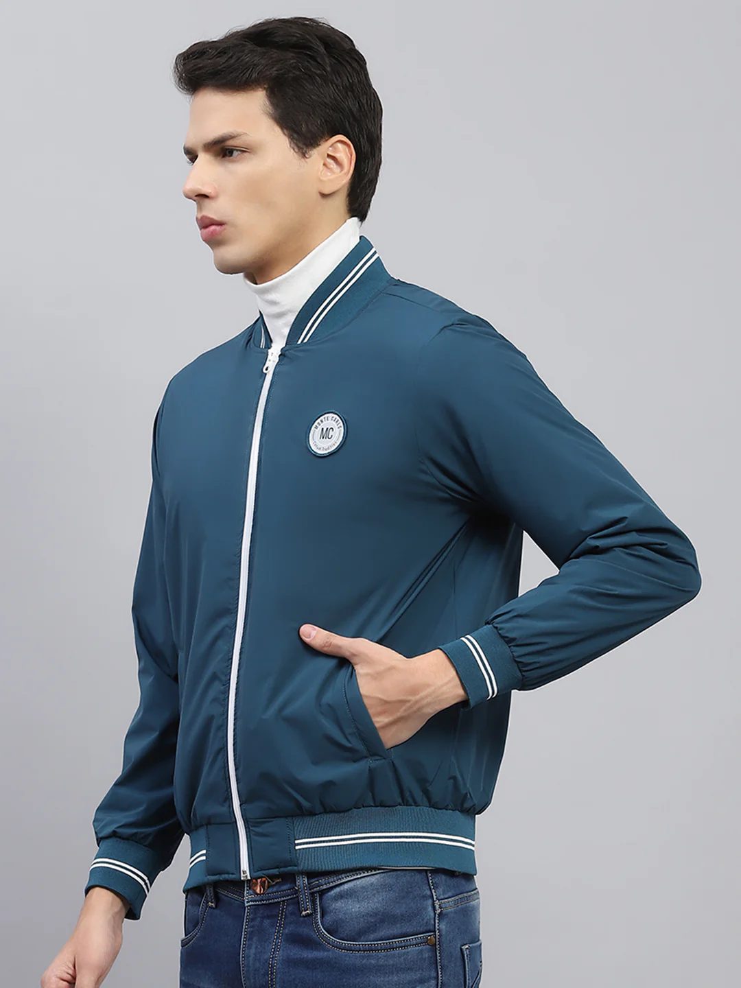 Men Teal Blue Solid Round Neck Full Sleeve Jacket - Image 3