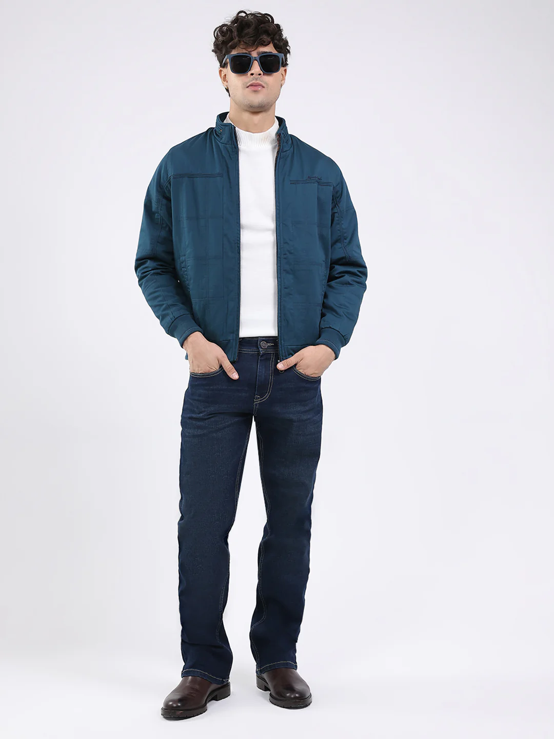 Men Teal Blue Solid Round Neck Full Sleeve Jacket - Image 2