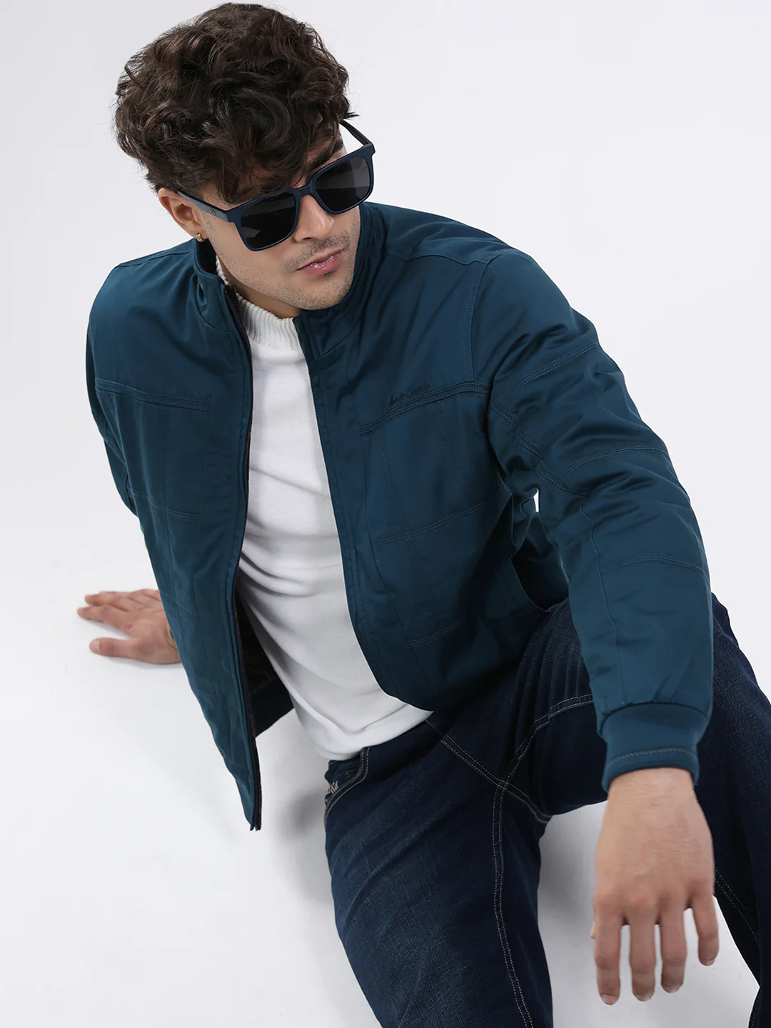 Men Teal Blue Solid Round Neck Full Sleeve Jacket - Image 6