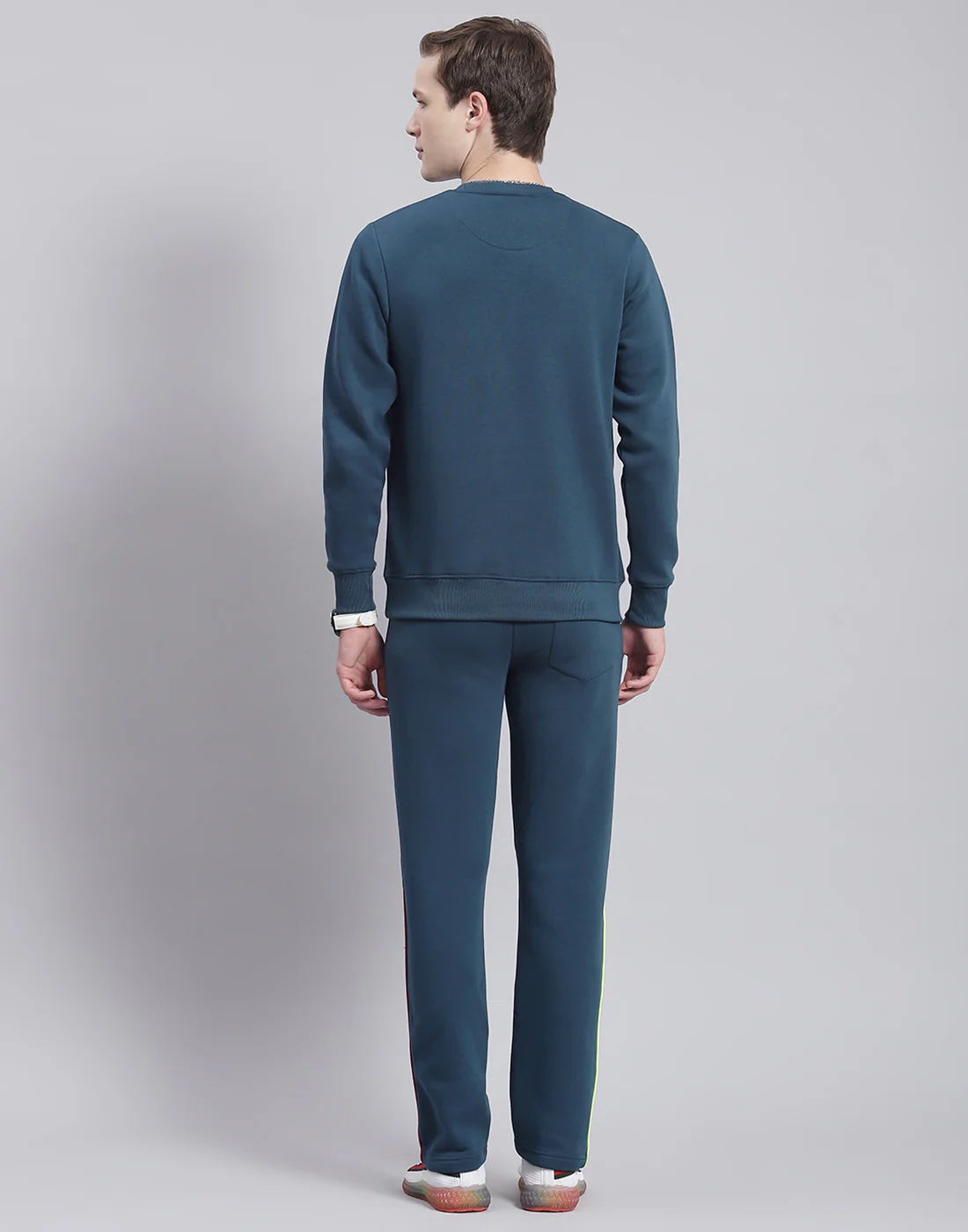 Men Teal Blue Solid Round Neck Full Sleeve Tracksuit - Image 6