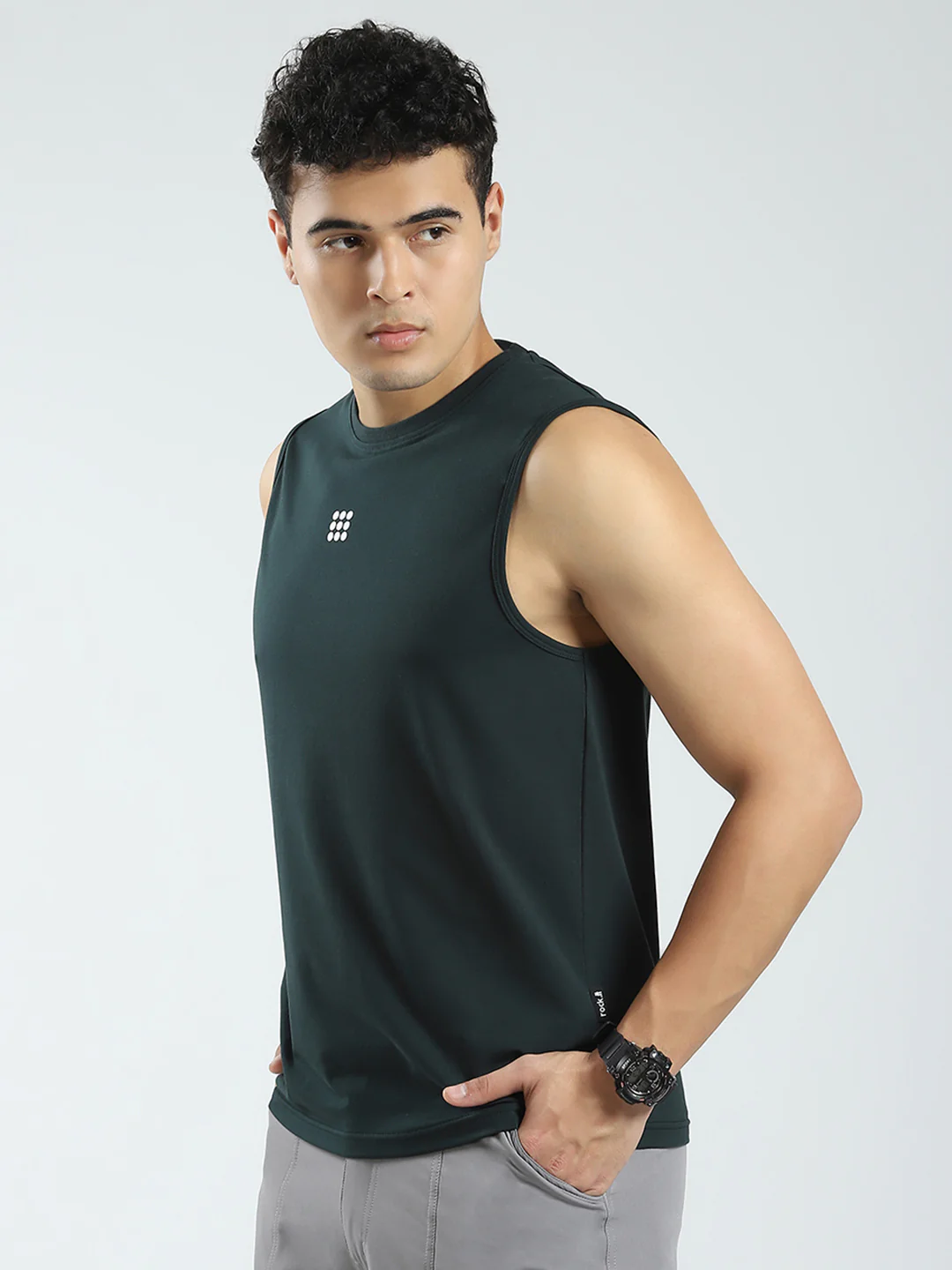 Rock.it Men Teal Blue Solid Round Neck Sleeveless T-Shirt - Image 3
