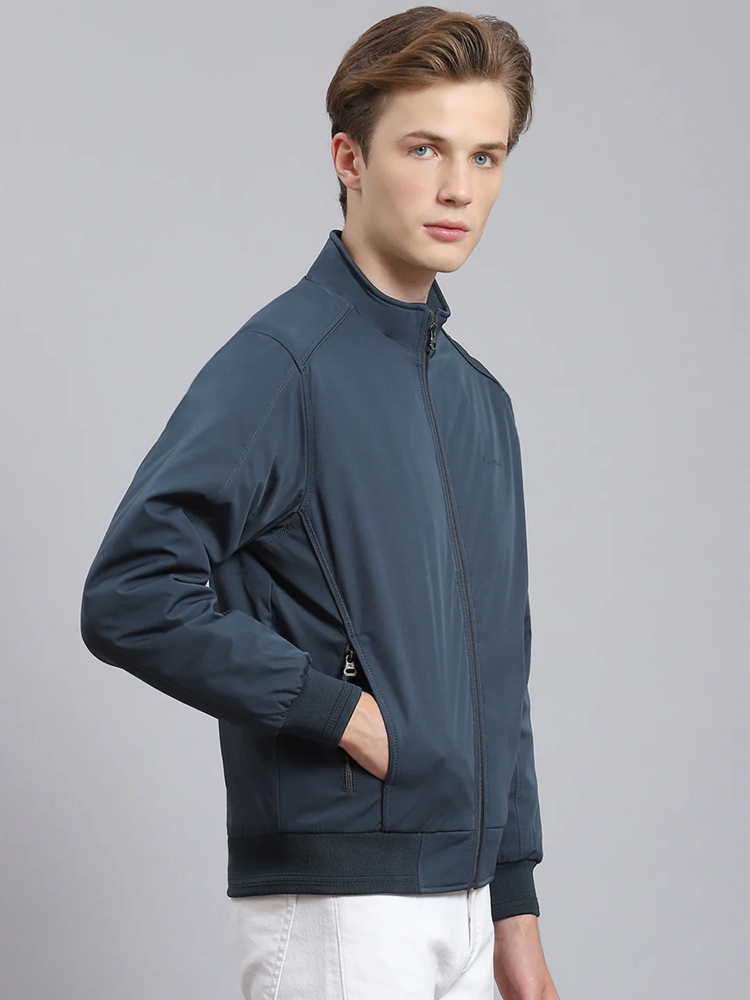 Men Teal Blue Solid Stand Collar Full Sleeve Jacket - Image 3