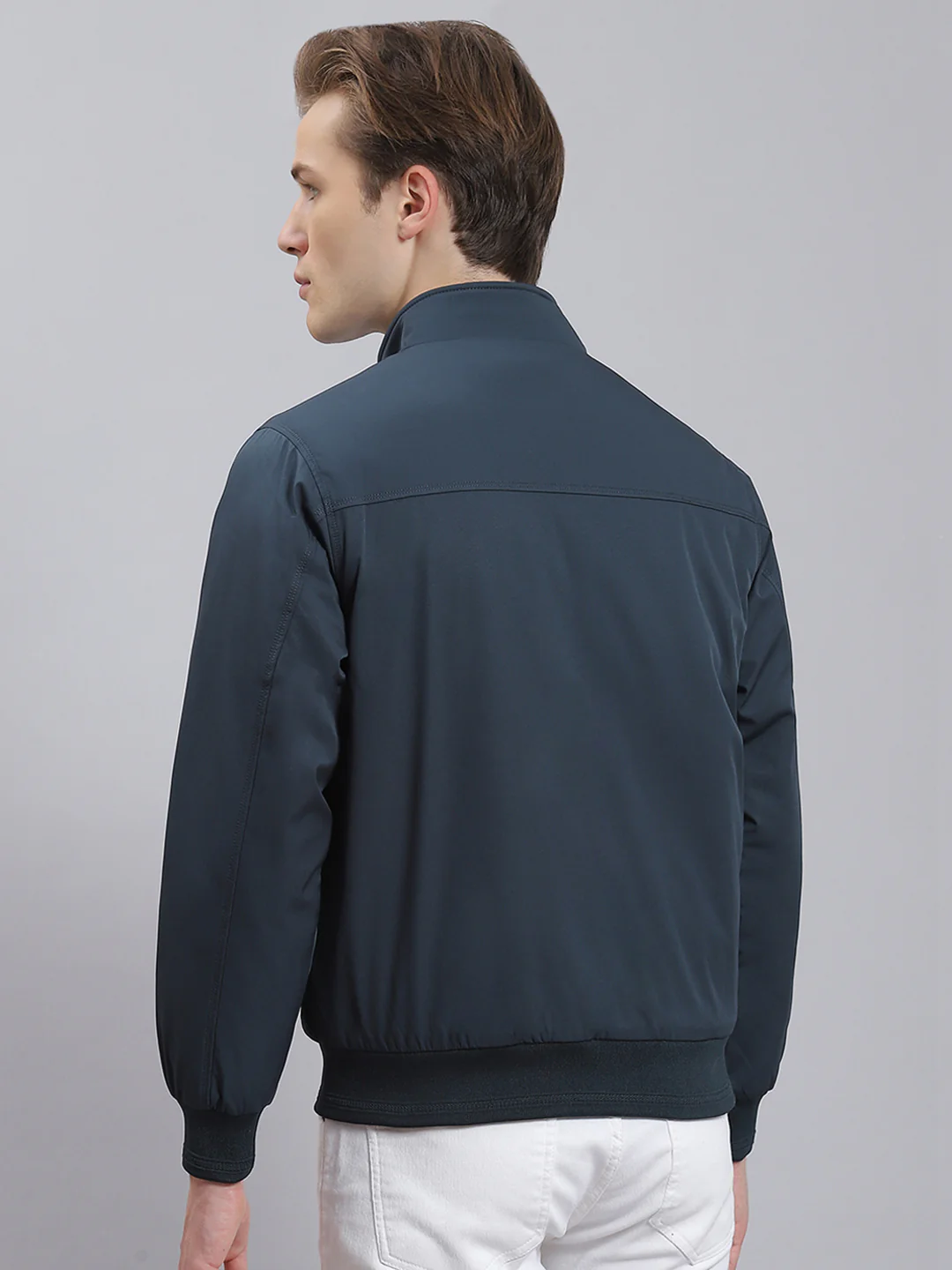 Men Teal Blue Solid Stand Collar Full Sleeve Jacket - Image 4