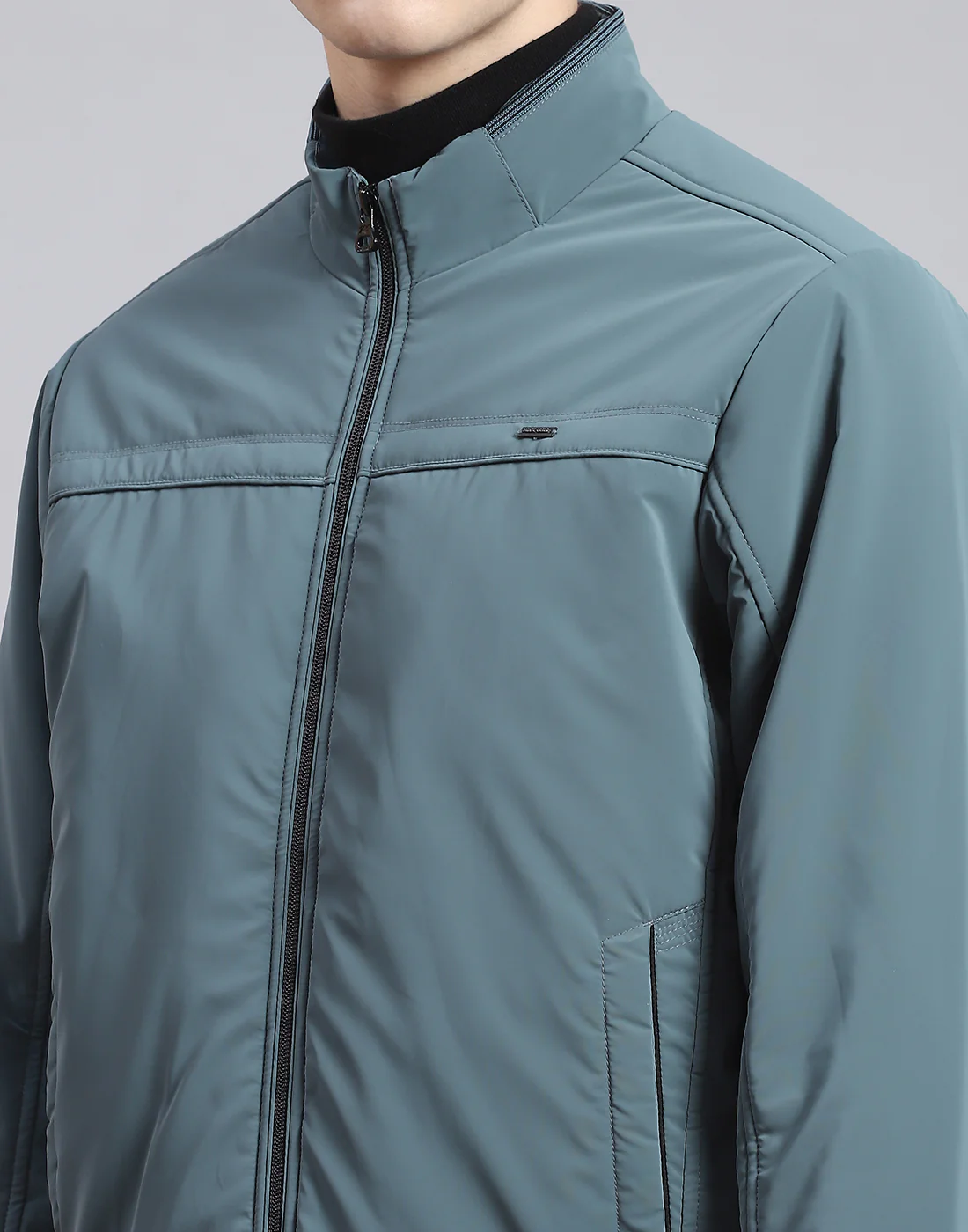 Men Teal Blue Solid Stand Collar Full Sleeve Jacket - Image 7