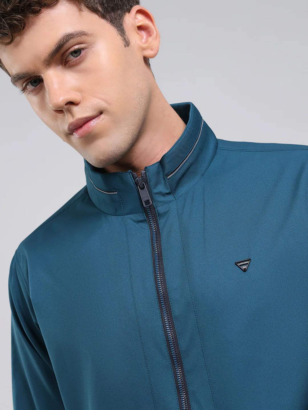 Men Teal Blue Solid Stand Collar Full Sleeve Jacket - Image 6