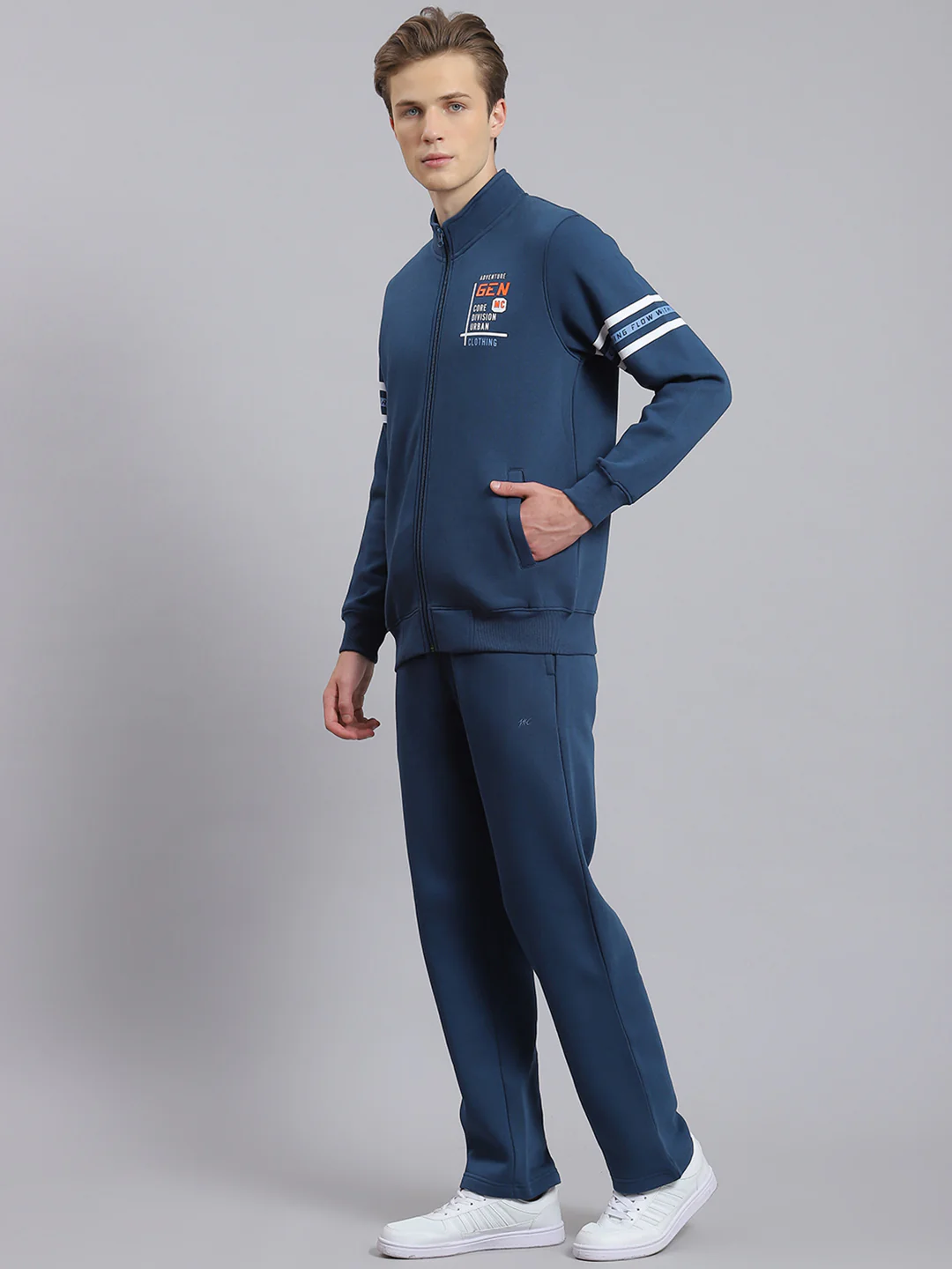 Men Teal Blue Solid Stand Collar Full Sleeve Tracksuit - Image 2