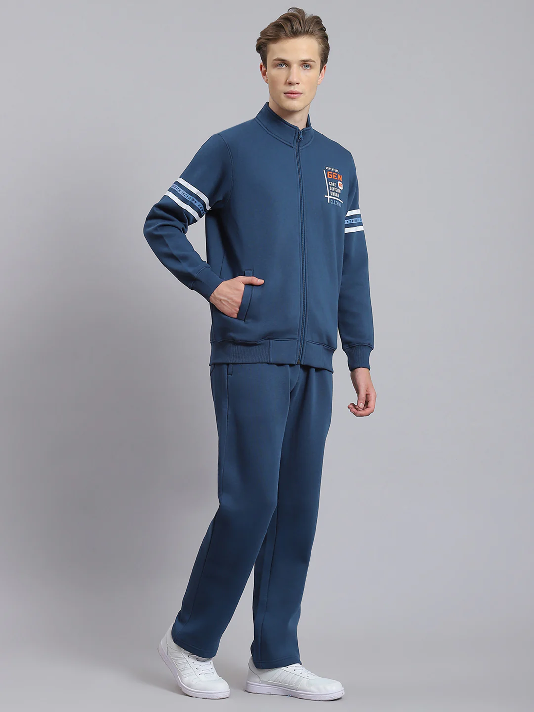 Men Teal Blue Solid Stand Collar Full Sleeve Tracksuit - Image 3