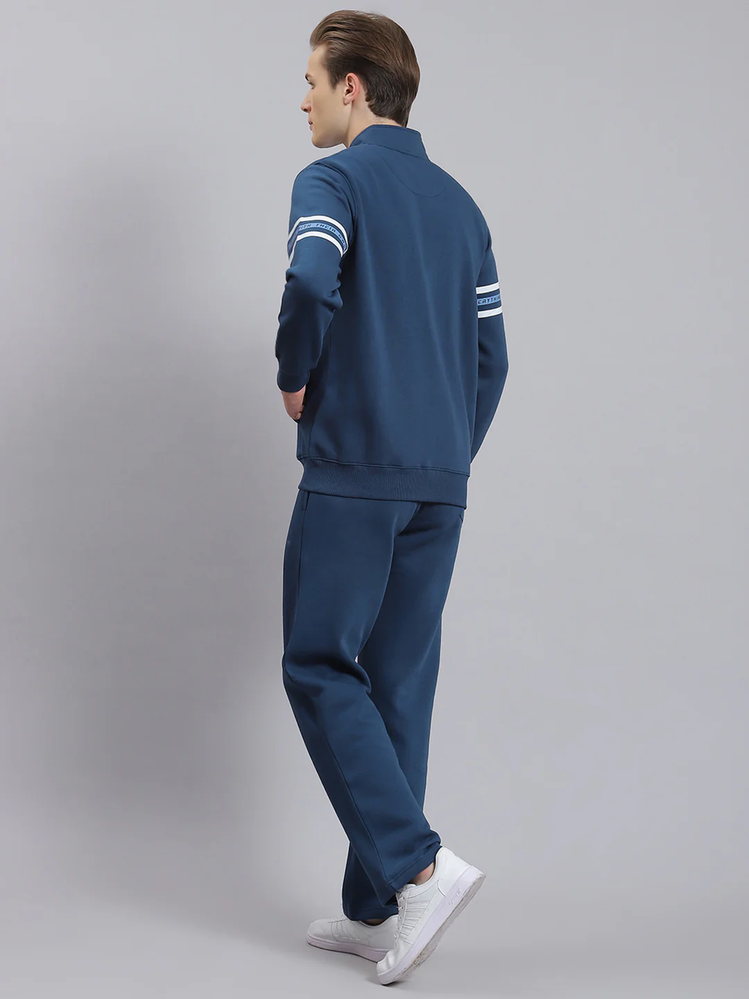 Men Teal Blue Solid Stand Collar Full Sleeve Tracksuit - Image 4