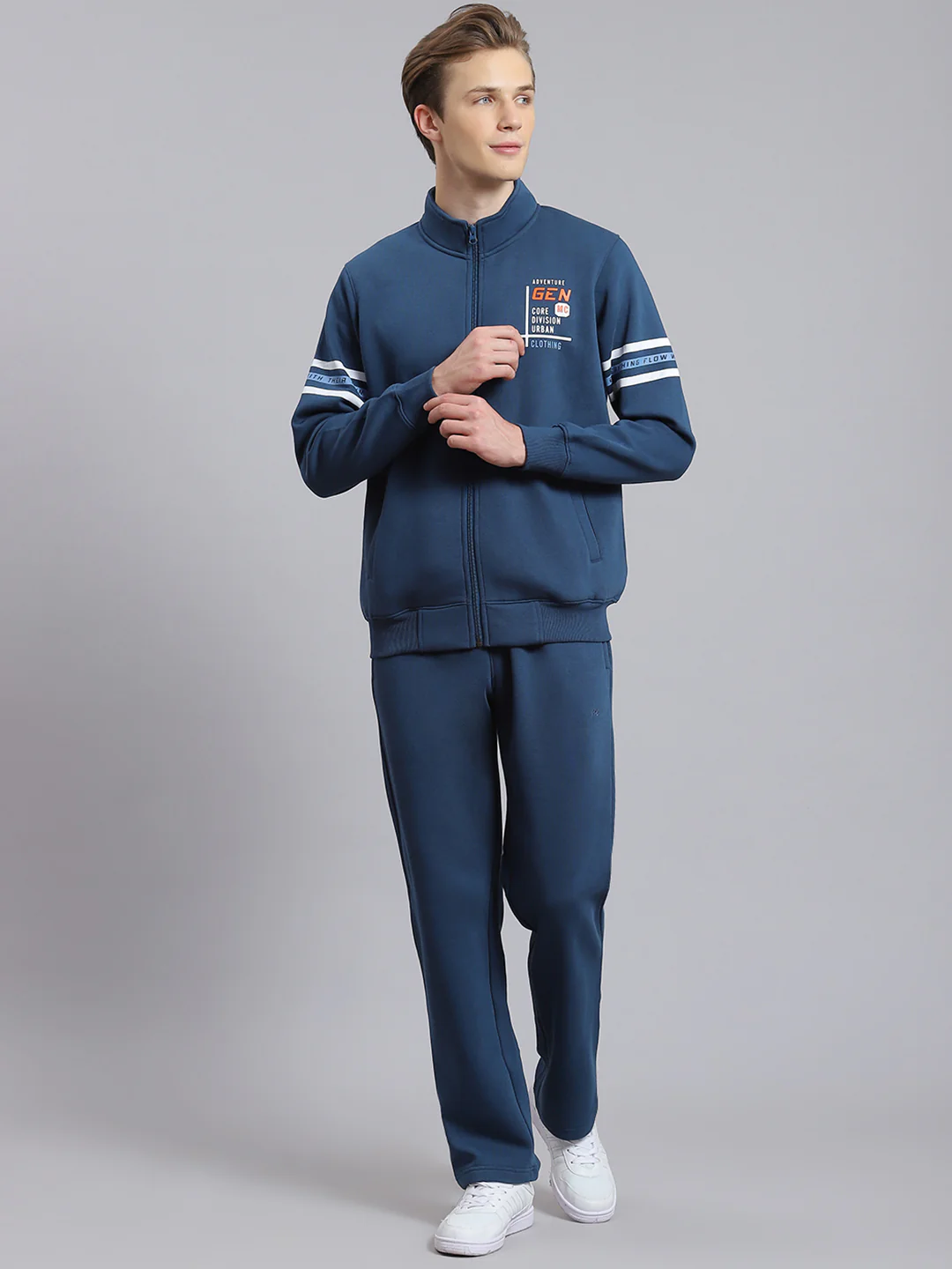 Men Teal Blue Solid Stand Collar Full Sleeve Tracksuit - Image 5
