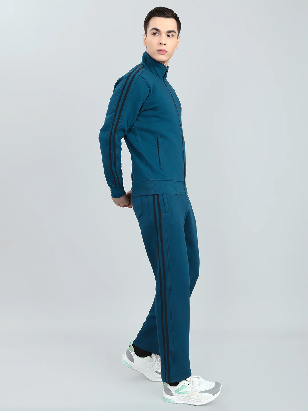 Men Teal Blue Solid Stand Collar Full Sleeve Winter Tracksuit - Image 3