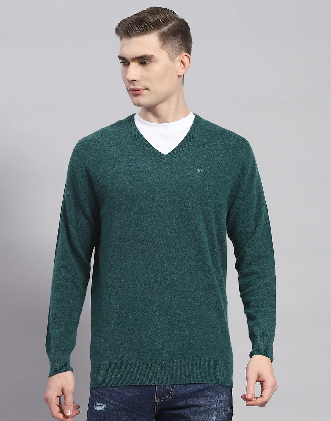 Men Teal Blue Solid V Neck Full Sleeve Pullover - Image 3