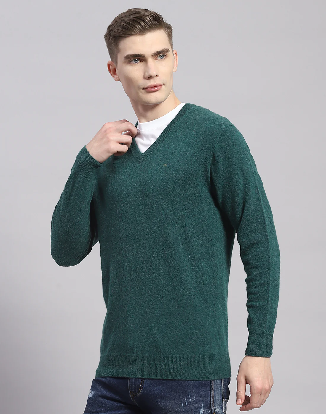 Men Teal Blue Solid V Neck Full Sleeve Pullover - Image 4