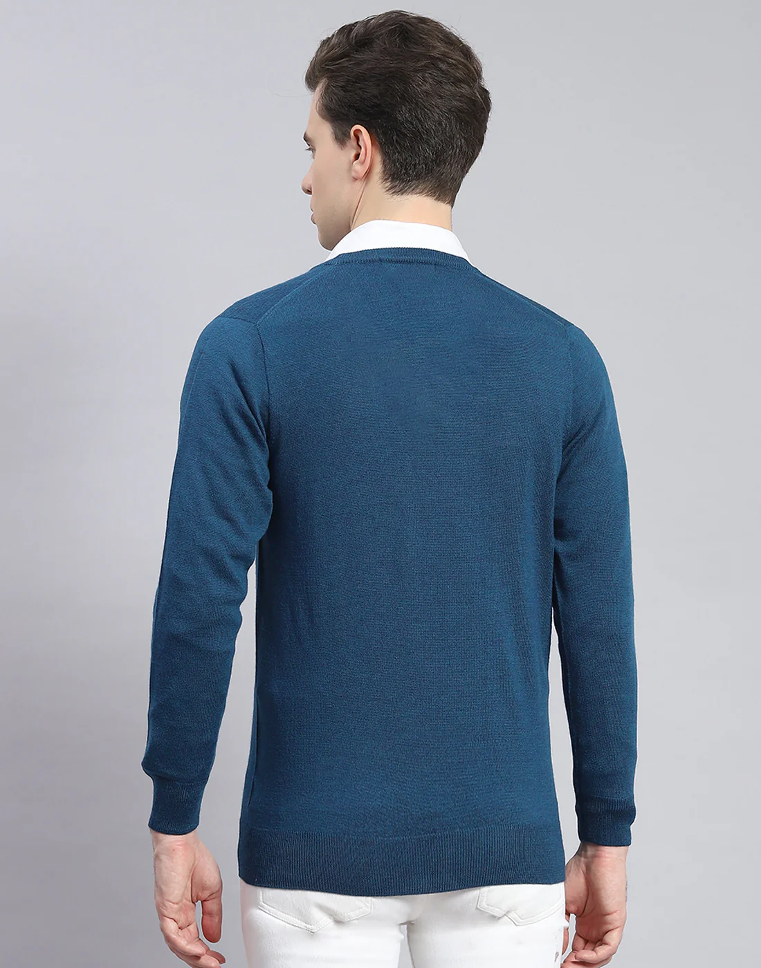 Men Teal Blue Solid V Neck Full Sleeve Pullover - Image 5