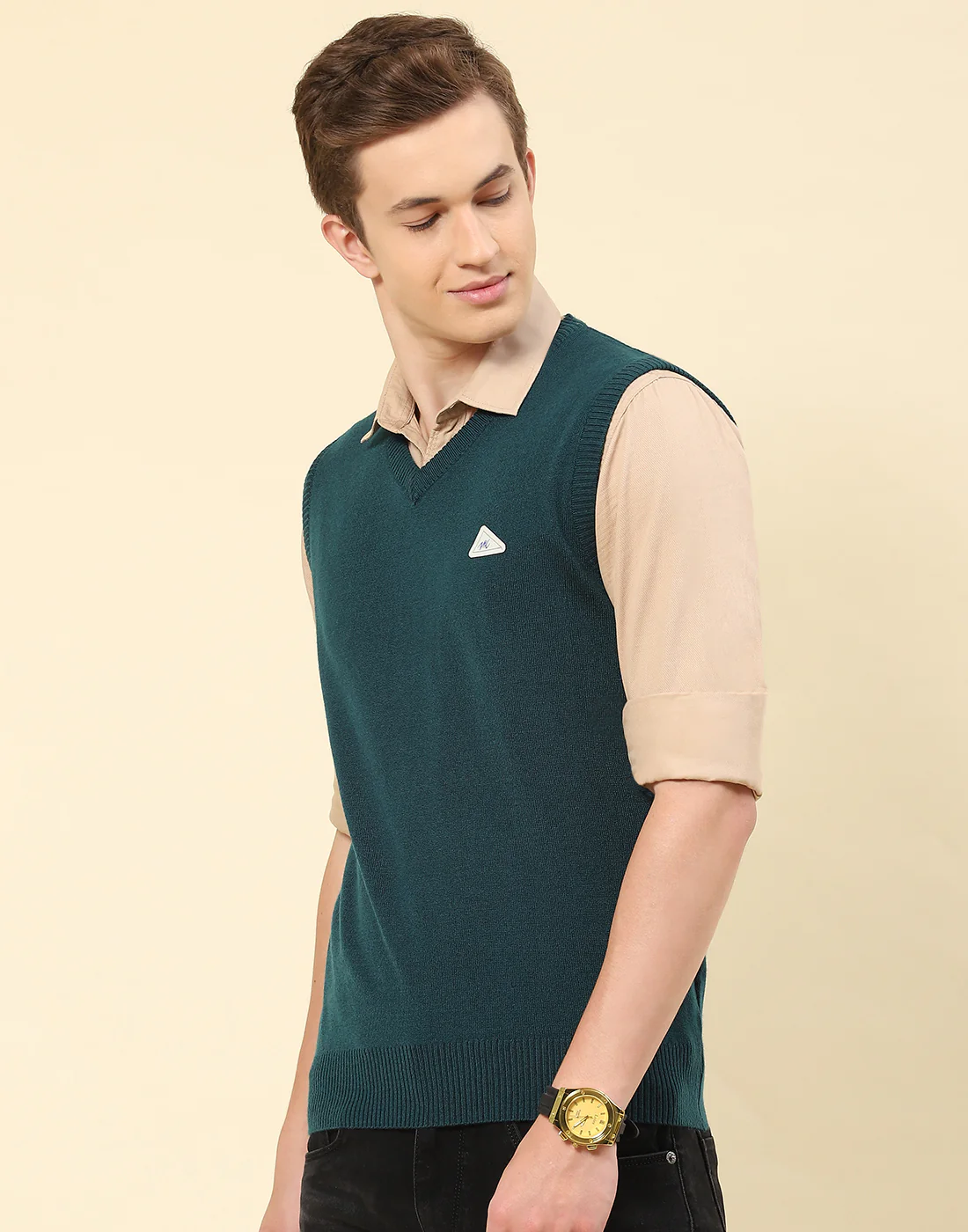 Men Teal Blue Solid V Neck Sleeveless Sweater - Image 3