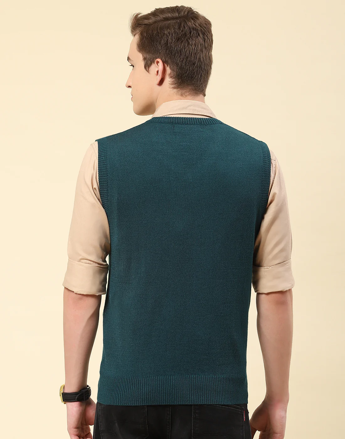 Men Teal Blue Solid V Neck Sleeveless Sweater - Image 5