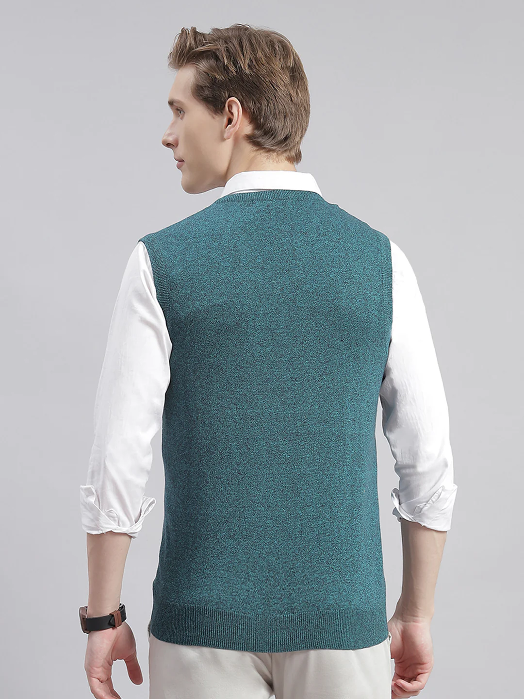 Men Teal Blue Solid V Neck Sleeveless Sweaters/Pullovers - Image 5