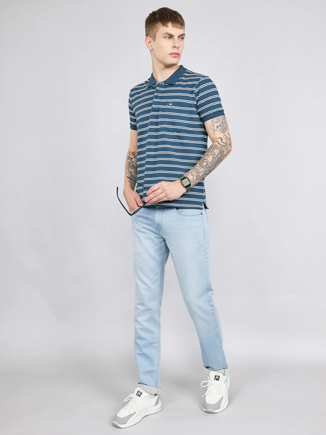 Men Teal Blue Stripe Collar Half Sleeve T-Shirt - Image 6