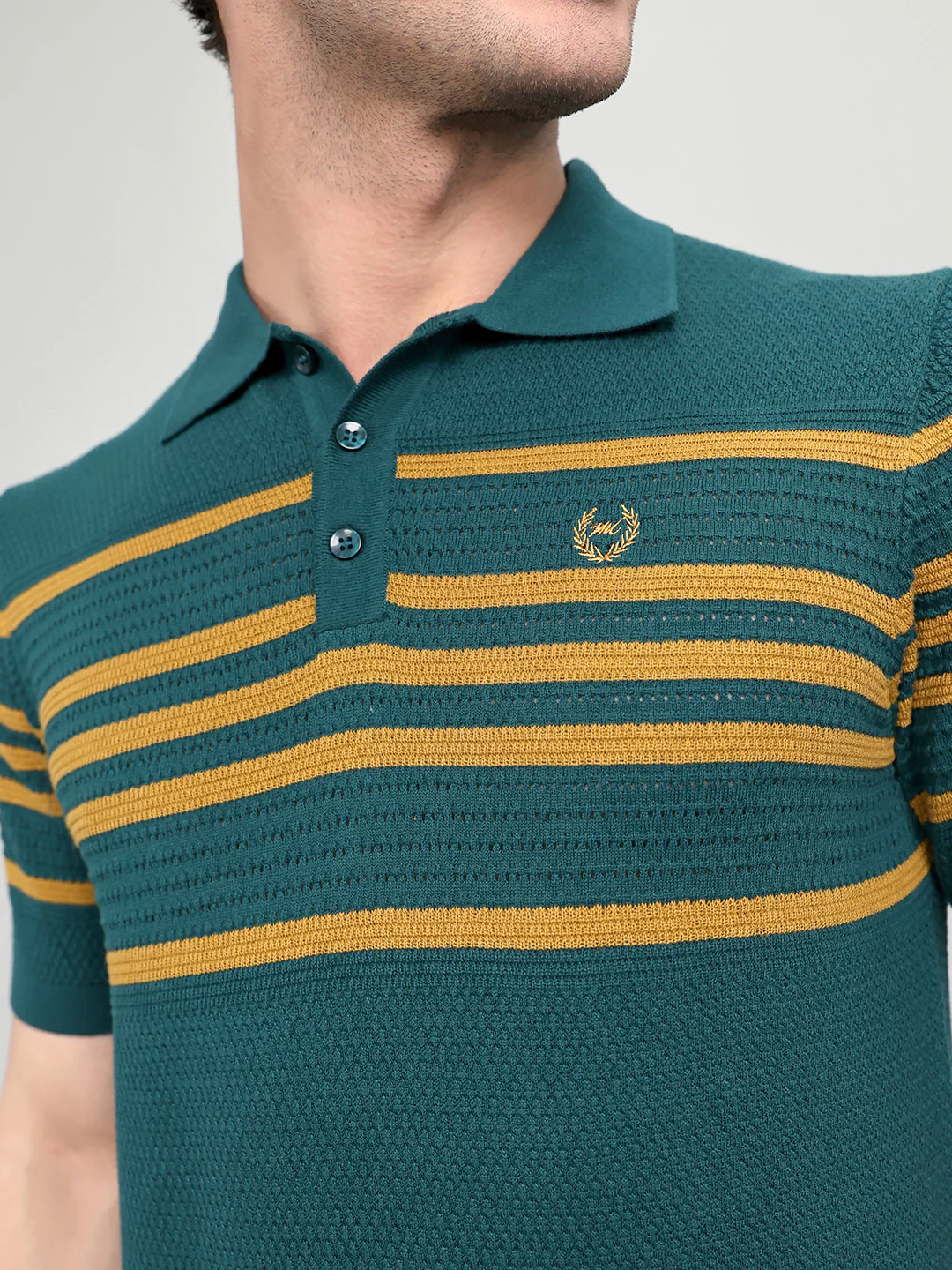 Men Teal Blue Stripe Collar Half Sleeve T-Shirt - Image 5