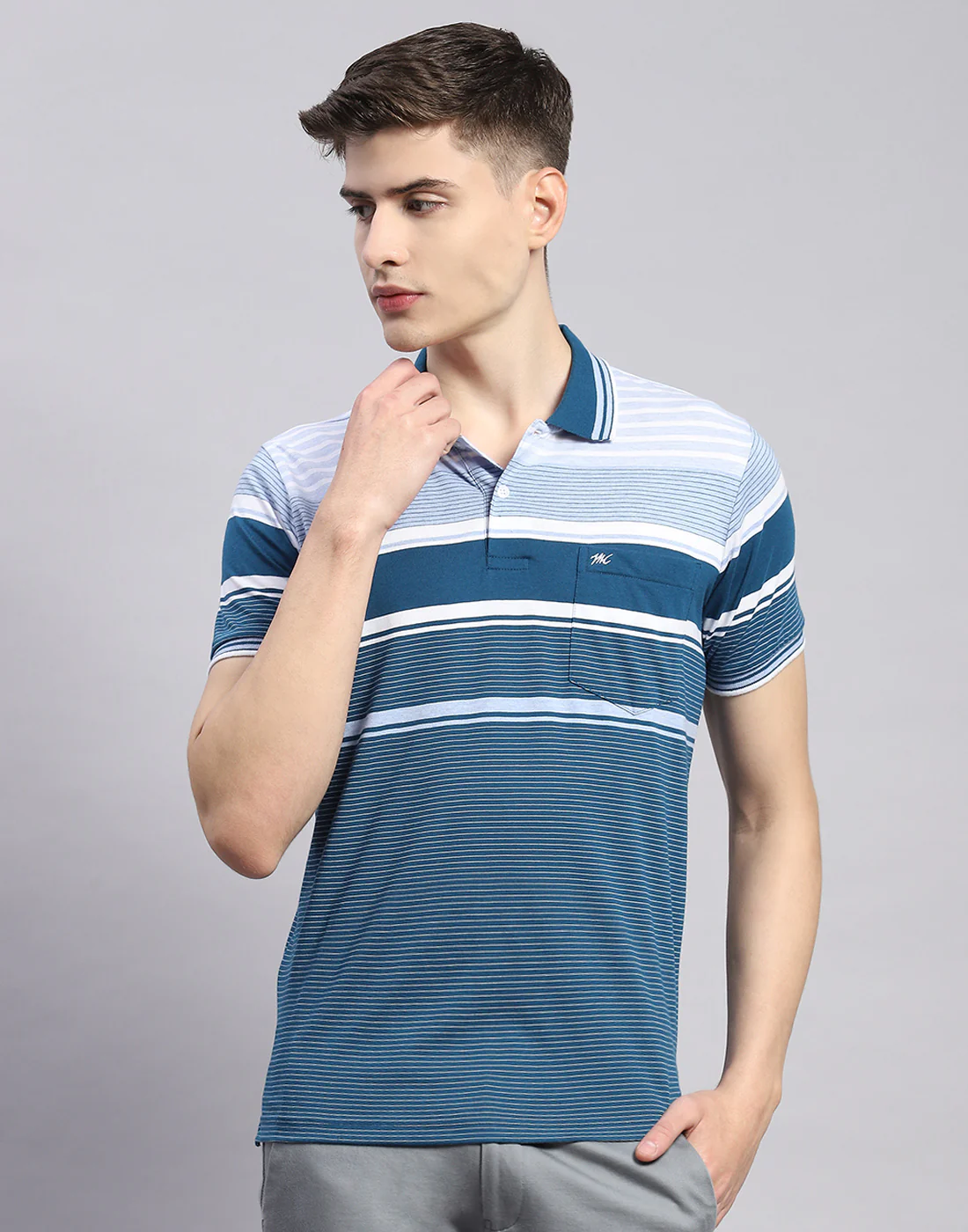 Men Teal Blue Stripe Polo Collar Half Sleeve T-Shirt - Image 2