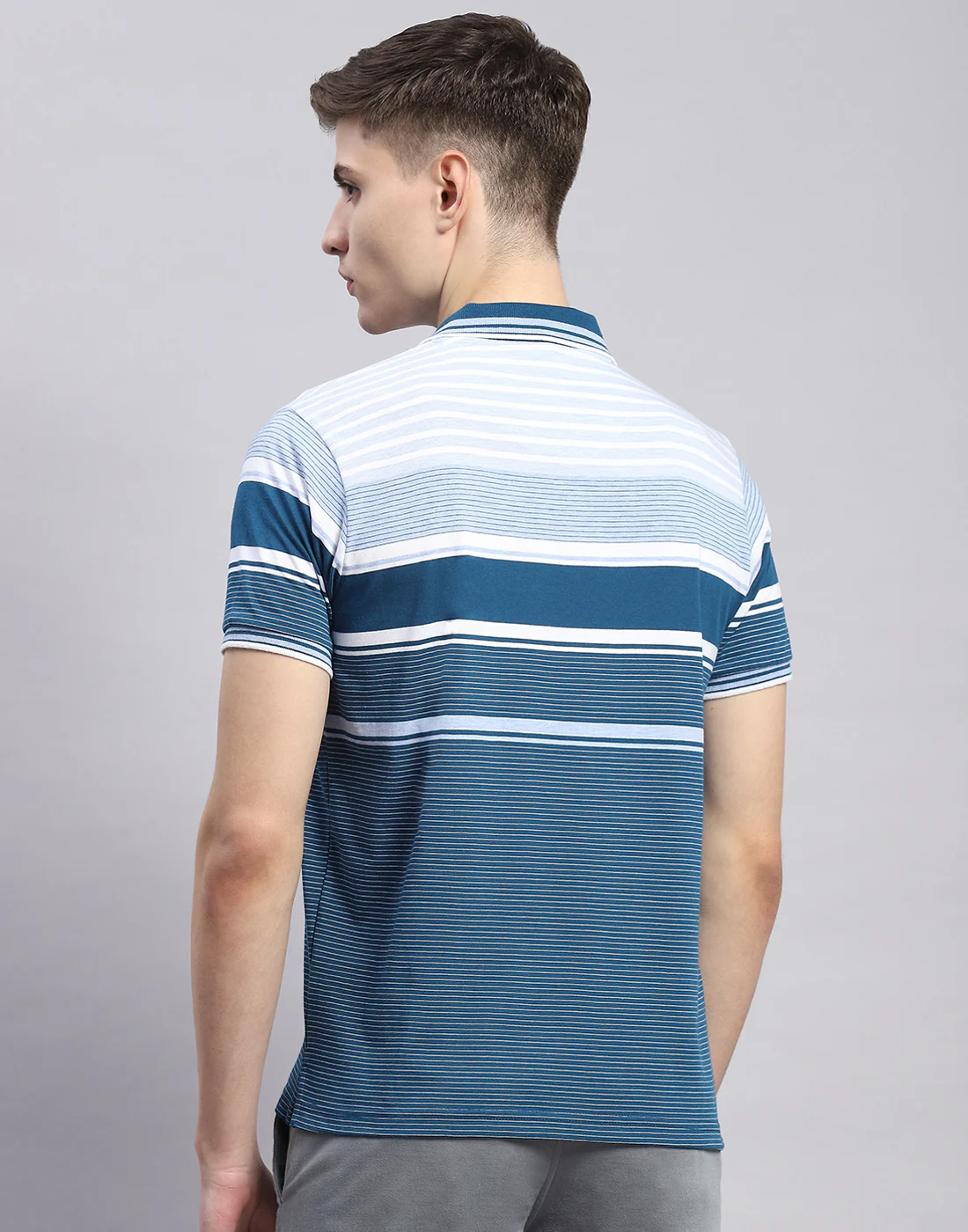 Men Teal Blue Stripe Polo Collar Half Sleeve T-Shirt - Image 5