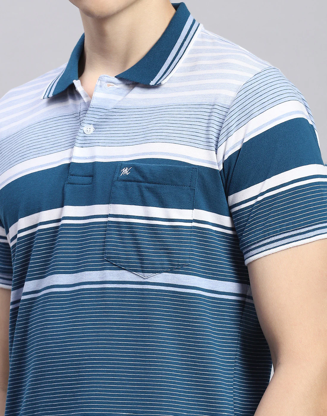 Men Teal Blue Stripe Polo Collar Half Sleeve T-Shirt - Image 6