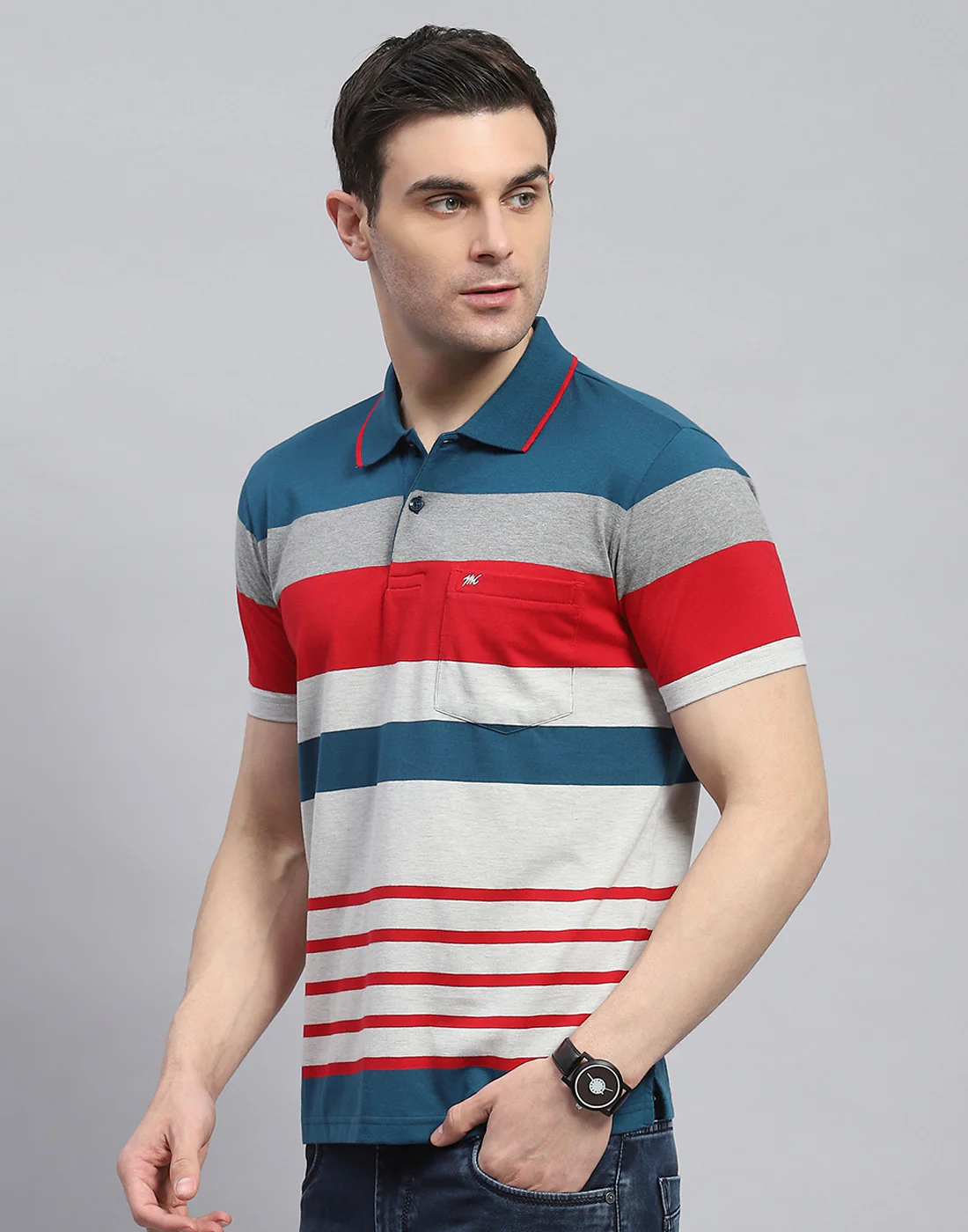 Men Teal Blue Stripe Polo Collar Half Sleeve T-Shirt - Image 3