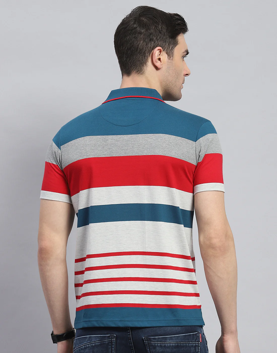 Men Teal Blue Stripe Polo Collar Half Sleeve T-Shirt - Image 5