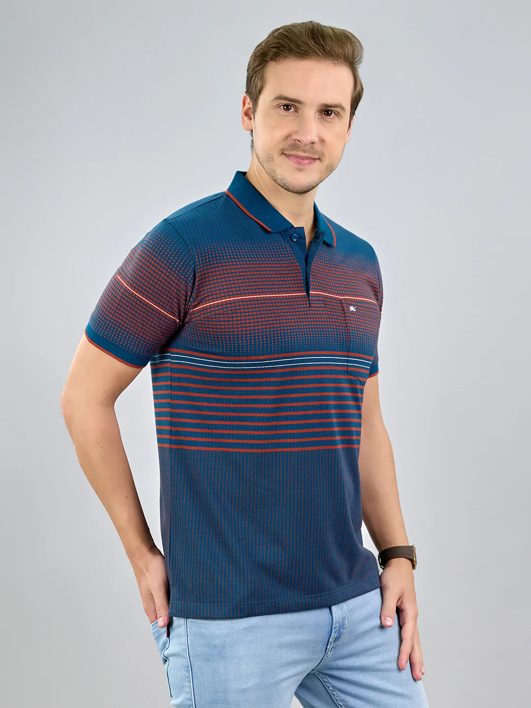 Men Teal Blue Stripe Polo Collar Half Sleeve T-Shirt - Image 2
