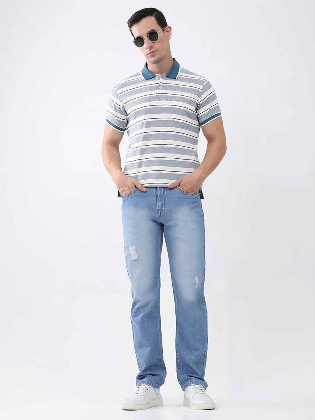 Men Teal Blue Stripe Stand Collar Half Sleeve T-Shirt - Image 2
