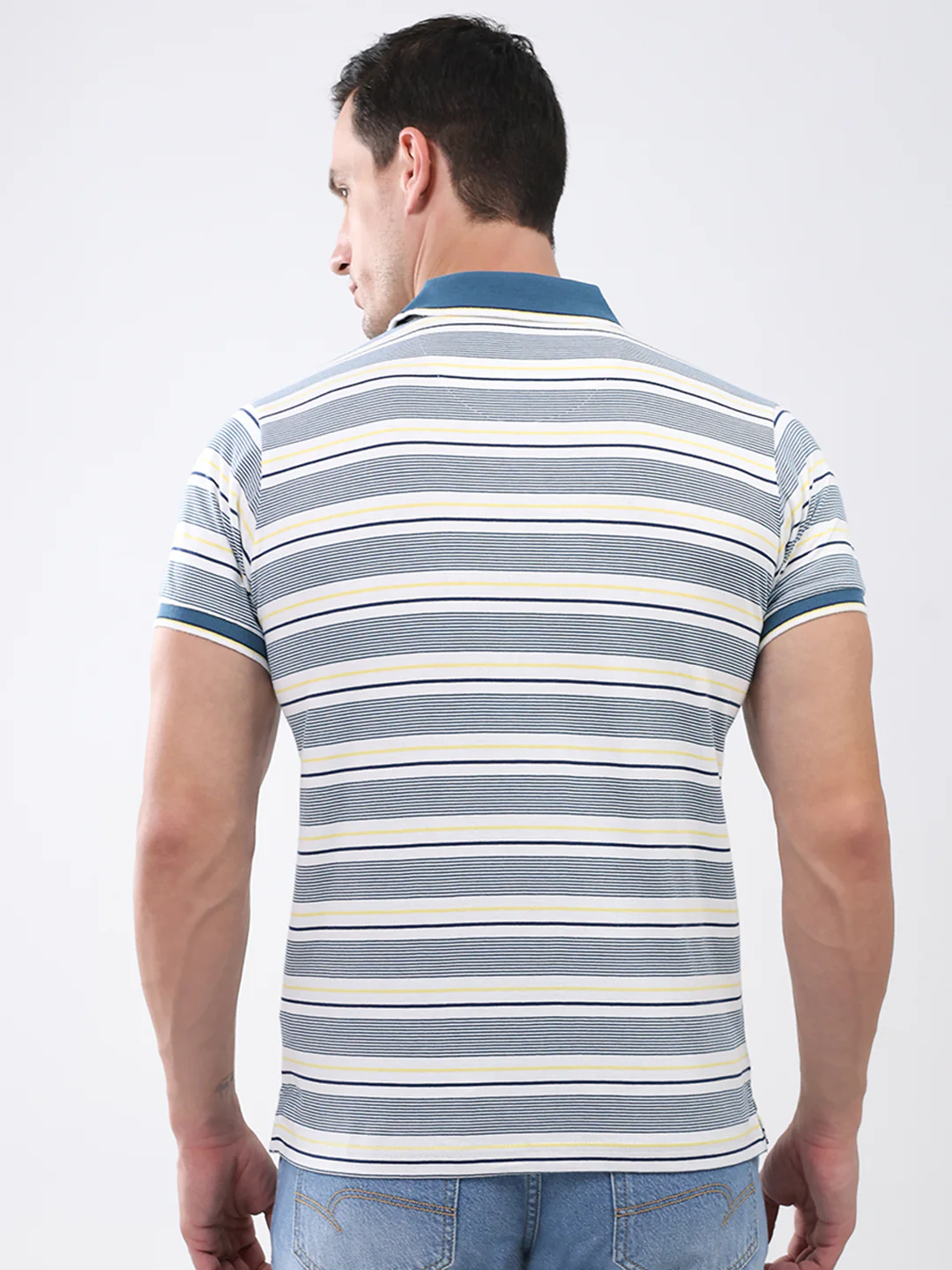 Men Teal Blue Stripe Stand Collar Half Sleeve T-Shirt - Image 5