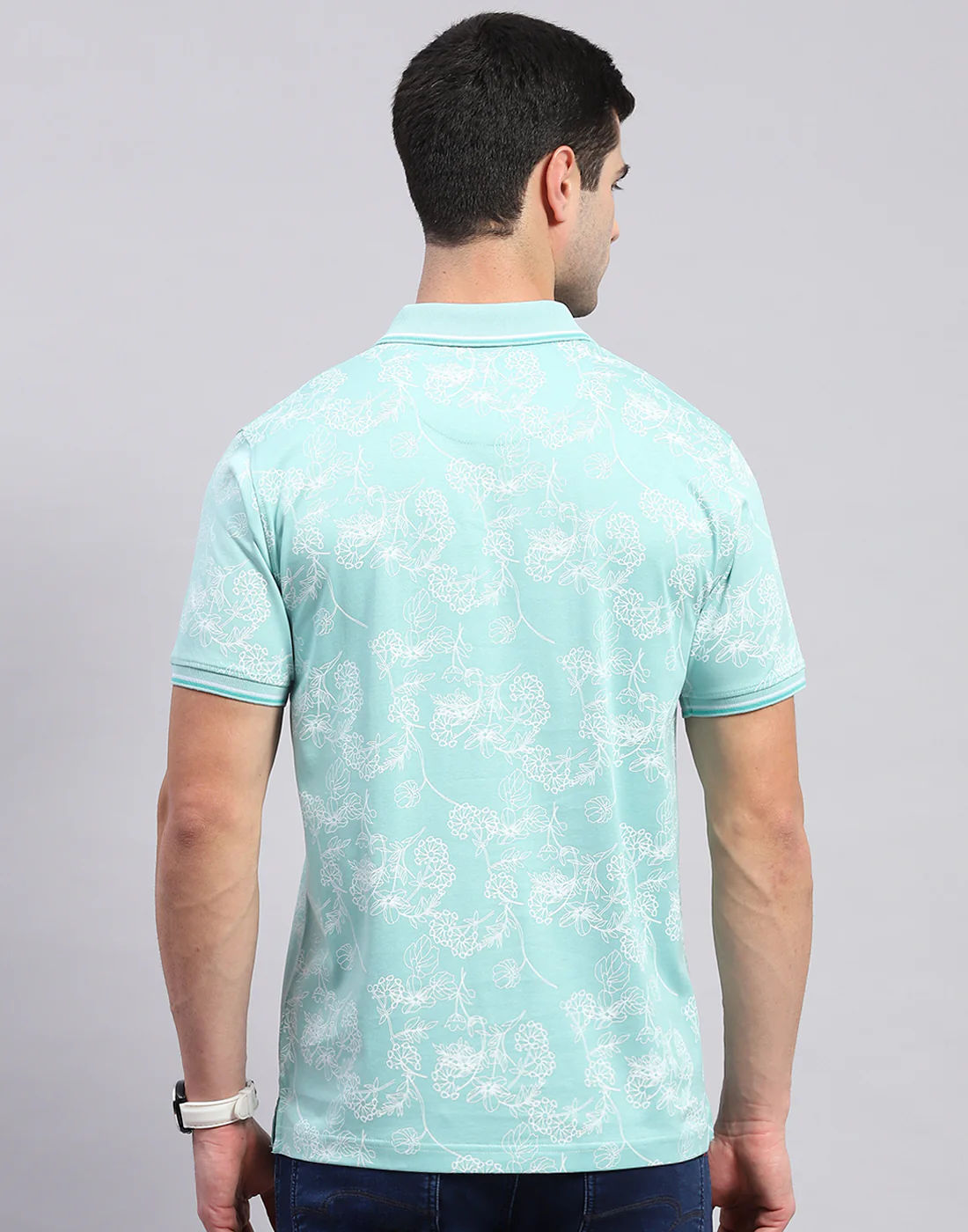 Men Turquoise Blue Jaquard Polo Collar Half Sleeve T-Shirt - Image 6