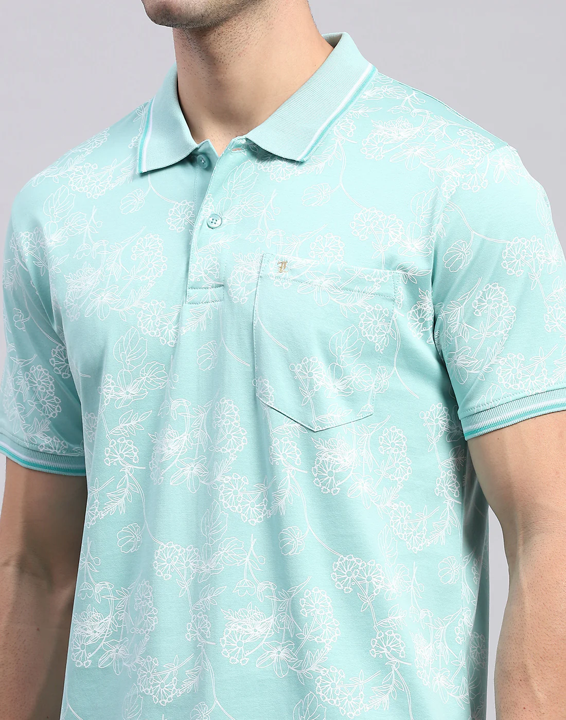 Men Turquoise Blue Jaquard Polo Collar Half Sleeve T-Shirt - Image 7