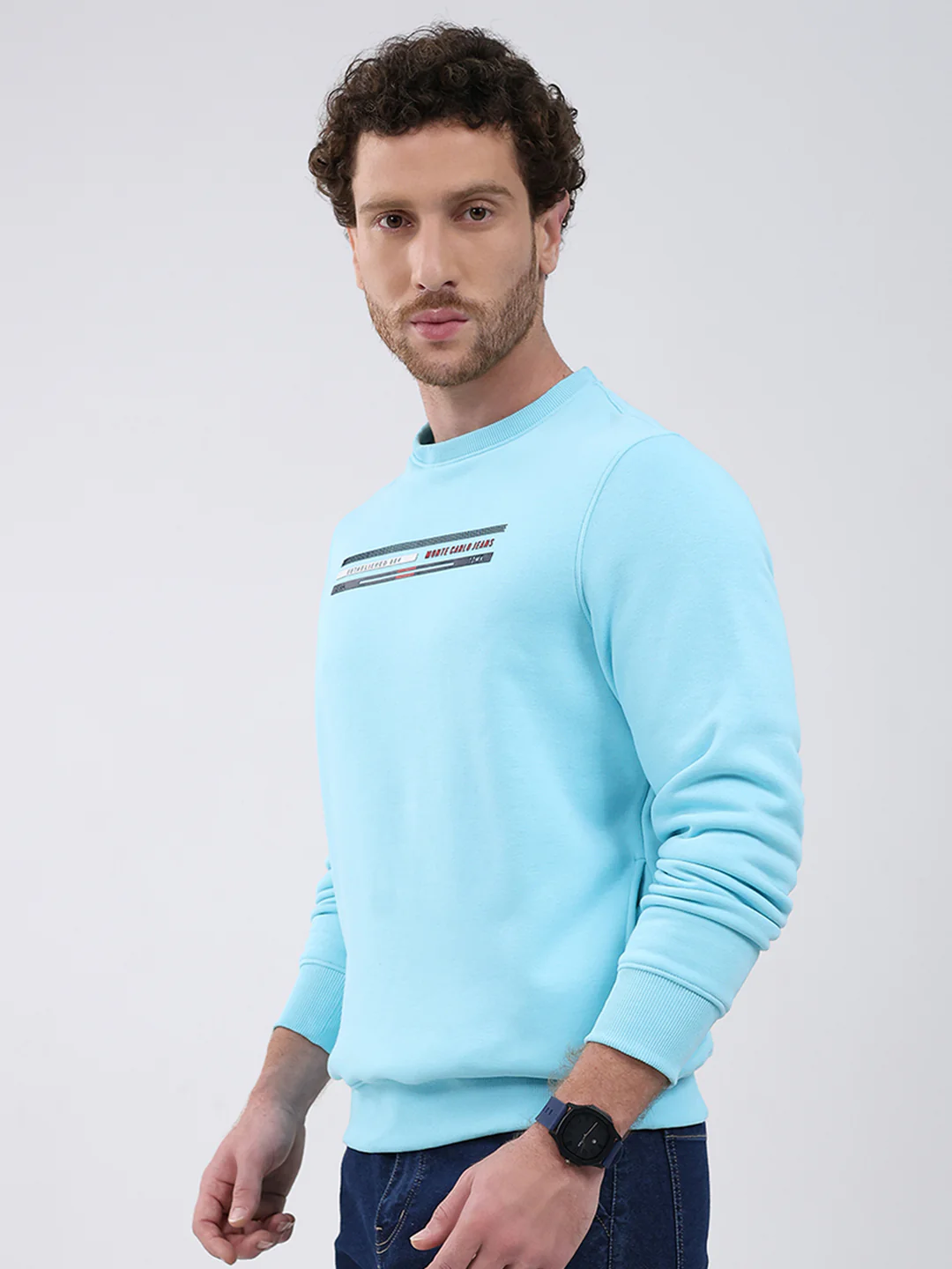 Men Turquoise Blue Printed Round Neck Full Sleeve Sweatshirt - Image 3