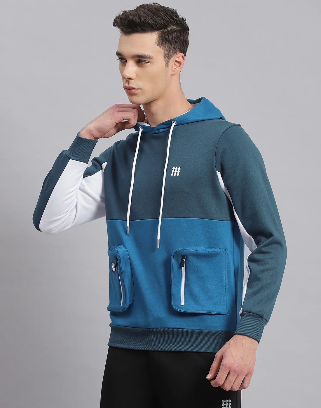 Rock.it Men Turquoise Blue Solid Hooded Full Sleeve Sweatshirt - Image 3