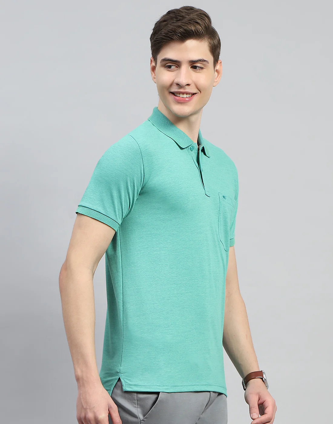 Men Turquoise Blue Solid Polo Collar Half Sleeve T-Shirt - Image 4