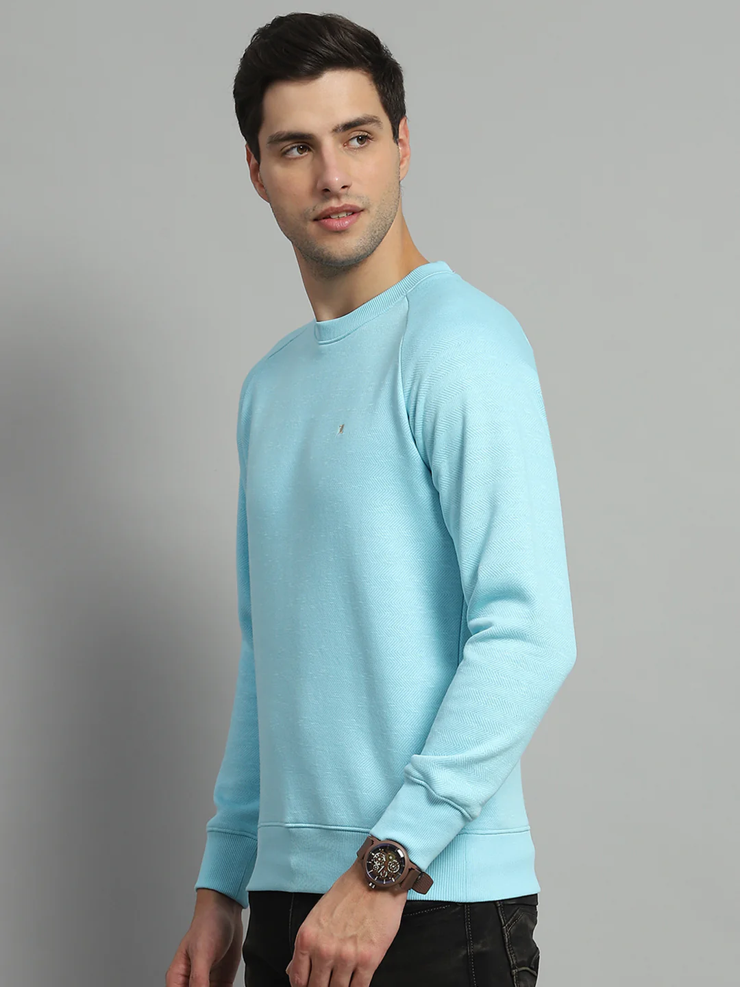 Men Turquoise Blue Solid Round Neck Full Sleeve Sweatshirt - Image 3
