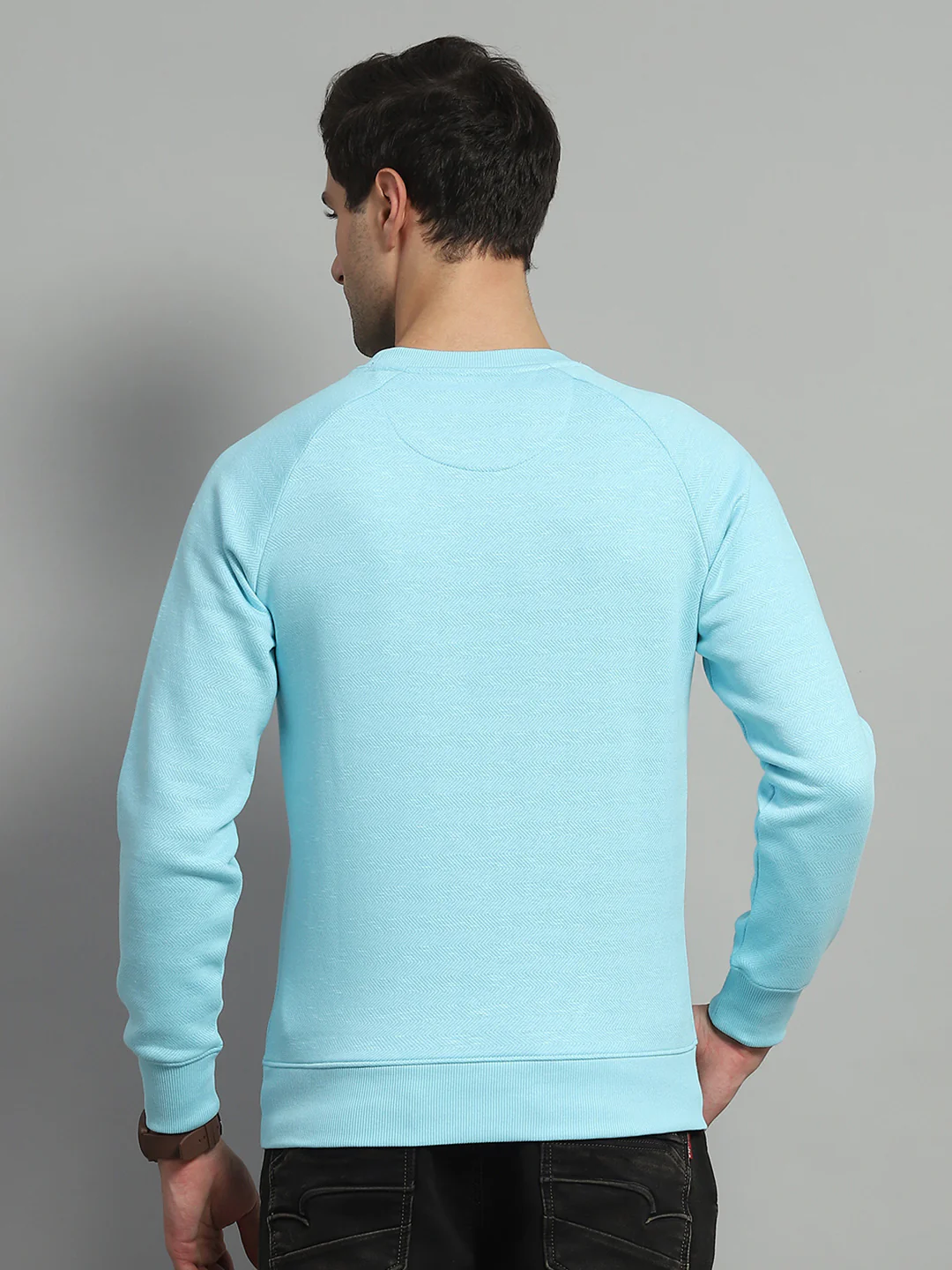 Men Turquoise Blue Solid Round Neck Full Sleeve Sweatshirt - Image 5