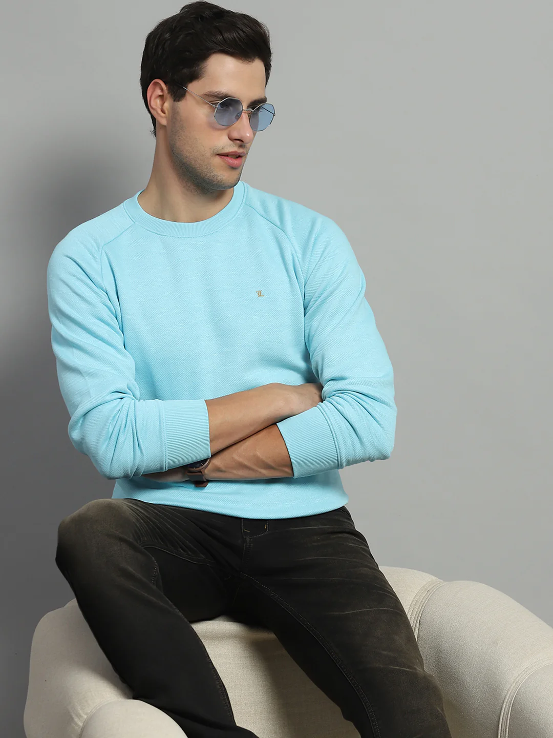Men Turquoise Blue Solid Round Neck Full Sleeve Sweatshirt - Image 6