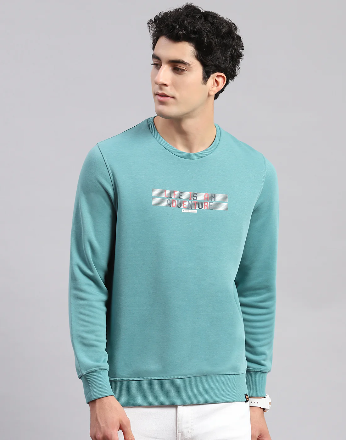 Men Turquoise Blue Solid Round Neck Full Sleeve Sweatshirts - Image 2