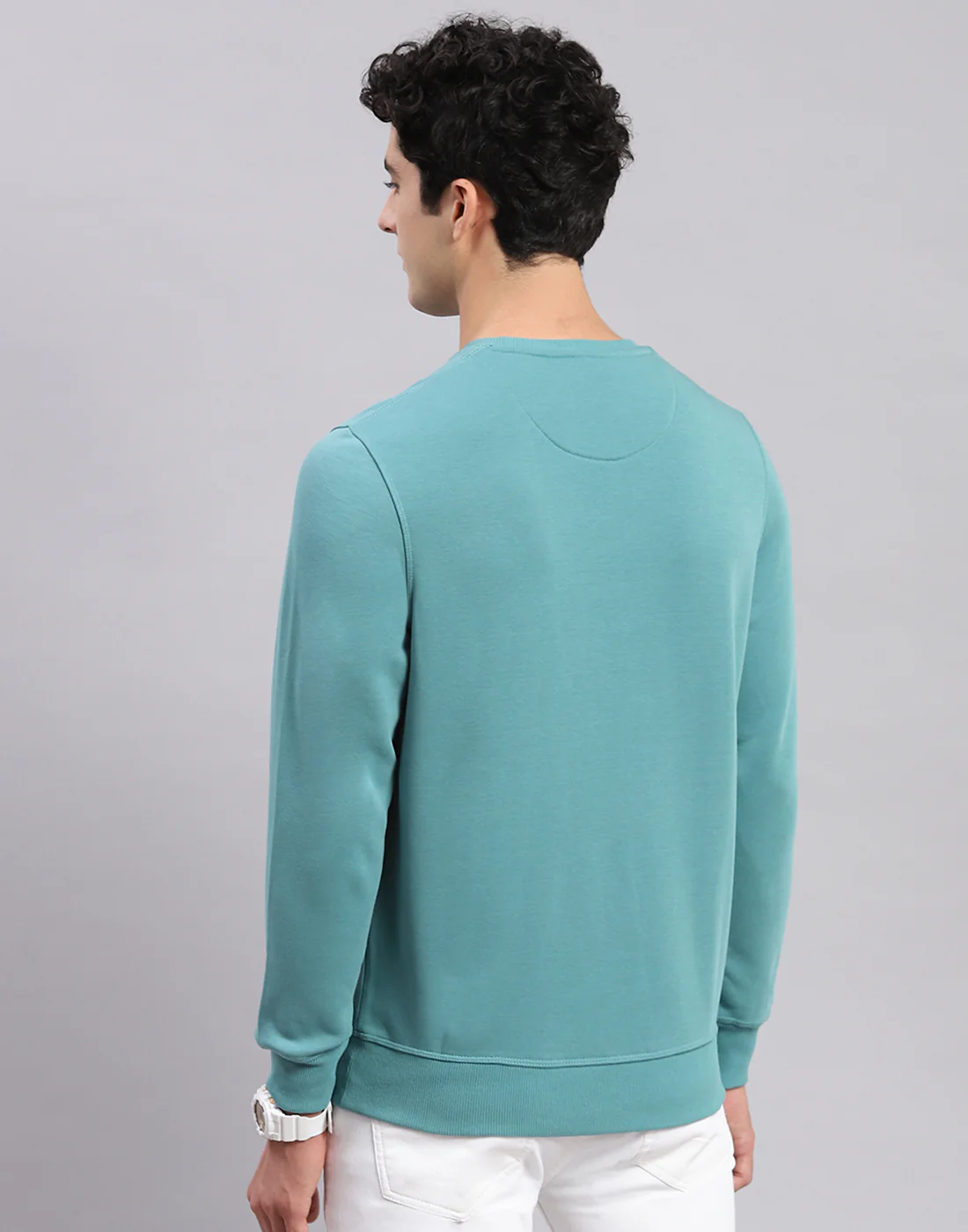 Men Turquoise Blue Solid Round Neck Full Sleeve Sweatshirts - Image 5