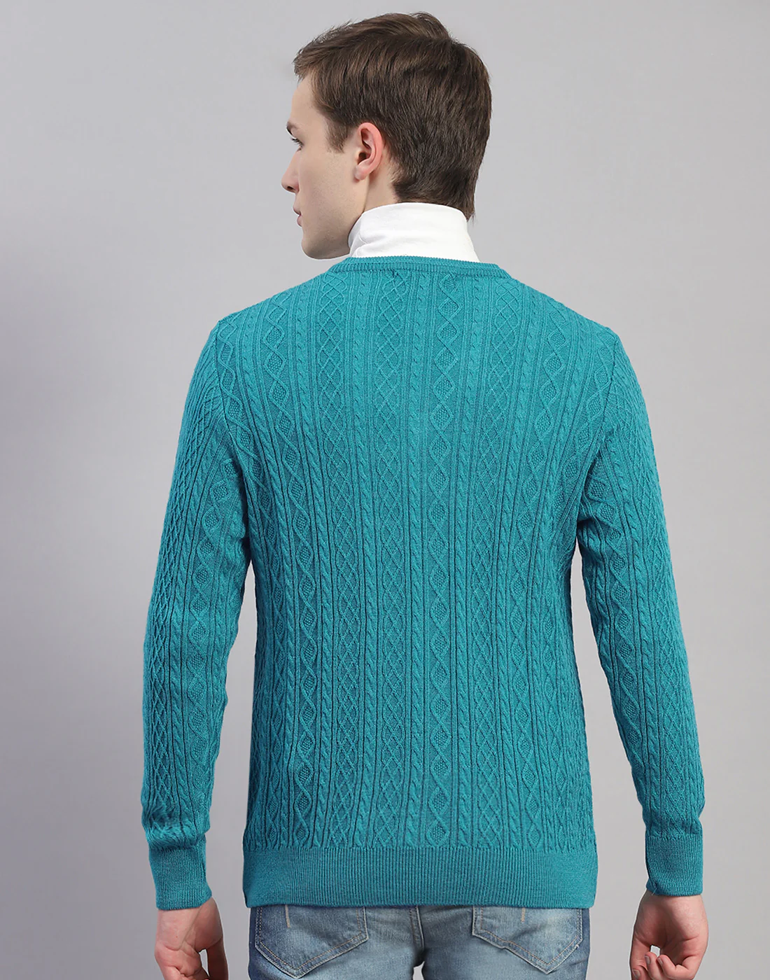 Men Turquoise Blue Solid V Neck Full Sleeve Pullover - Image 5