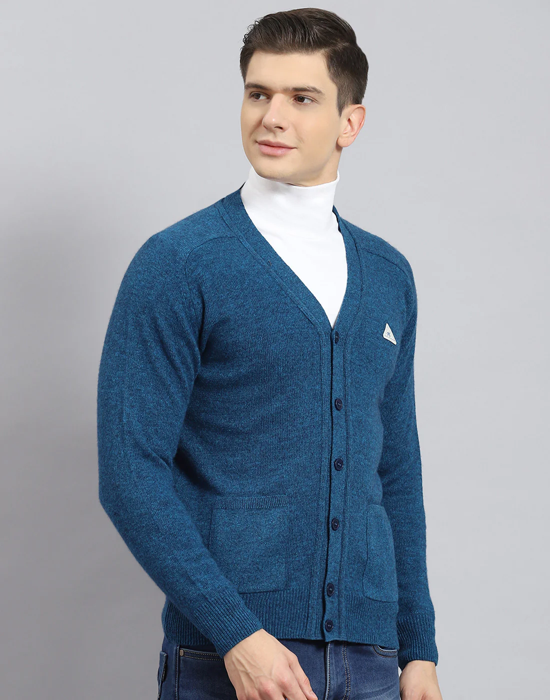 Men Turquoise Blue Solid V Neck Full Sleeve Sweater - Image 6