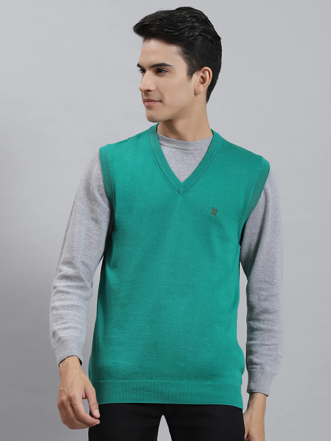Men Turquoise Blue Solid V Neck Sleeveless Sweaters/Pullovers - Image 2
