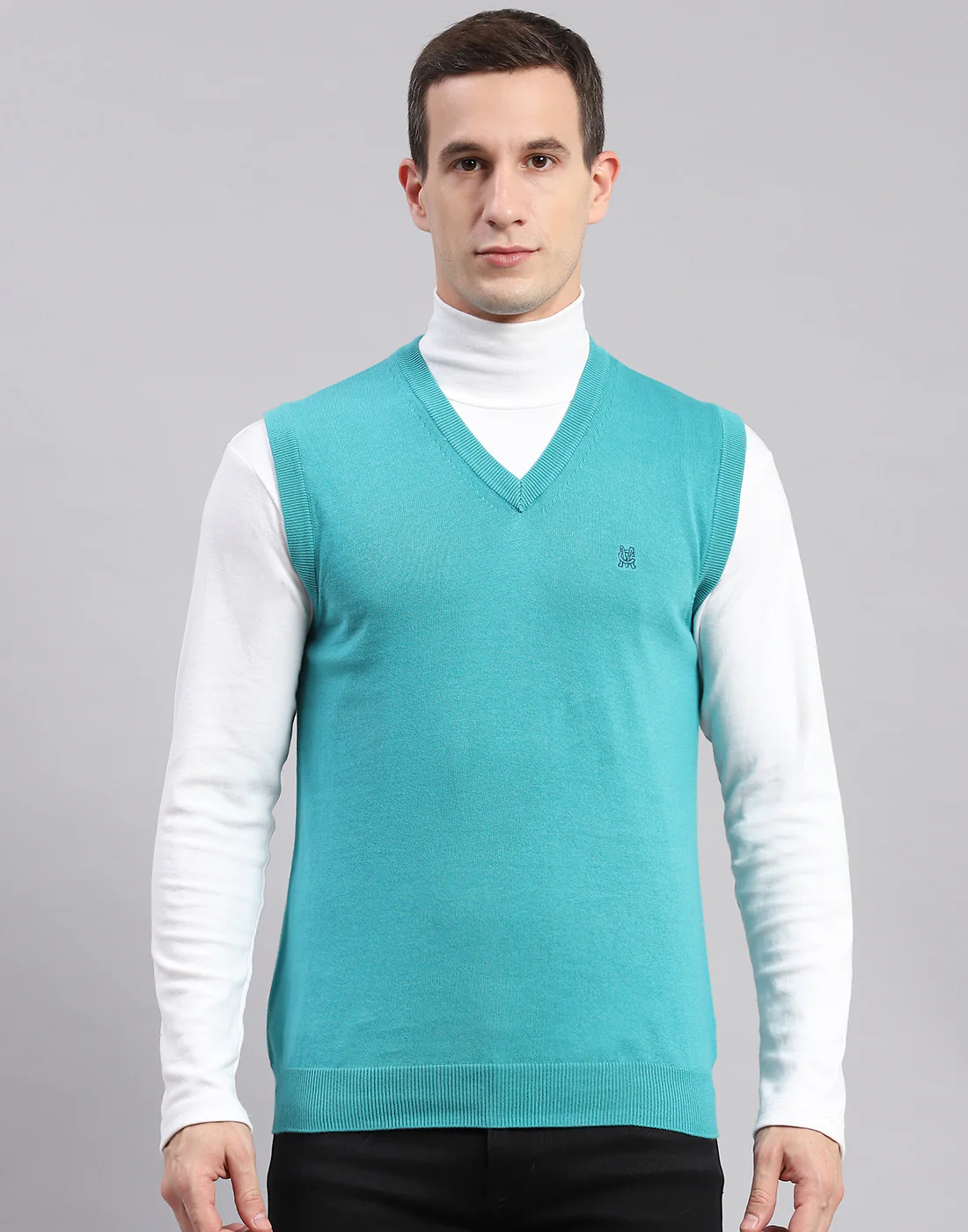 Men Turquoise Blue Solid V Neck Sleeveless Sweaters/Pullovers - Image 2