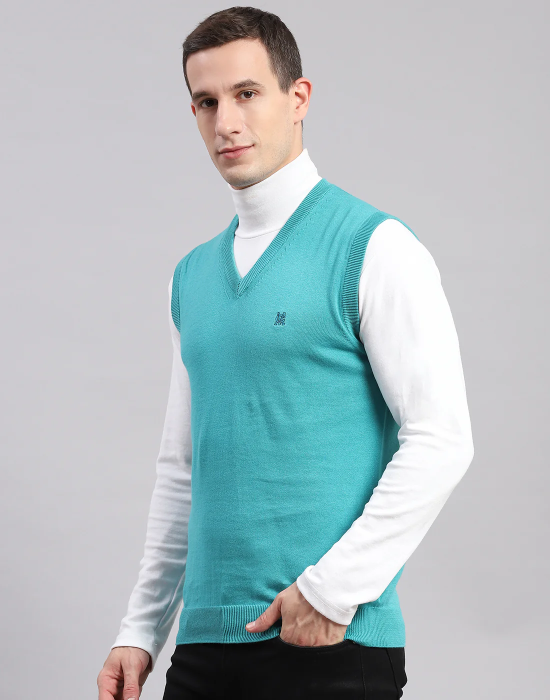 Men Turquoise Blue Solid V Neck Sleeveless Sweaters/Pullovers - Image 3