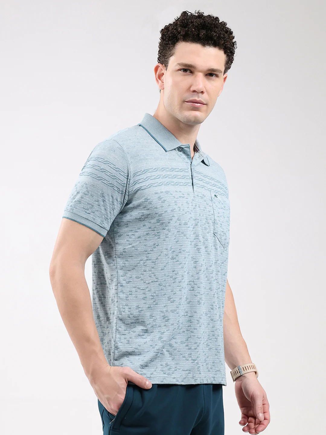 Men Turquoise Blue Stripe Collar Half Sleeve T-Shirt - Image 3
